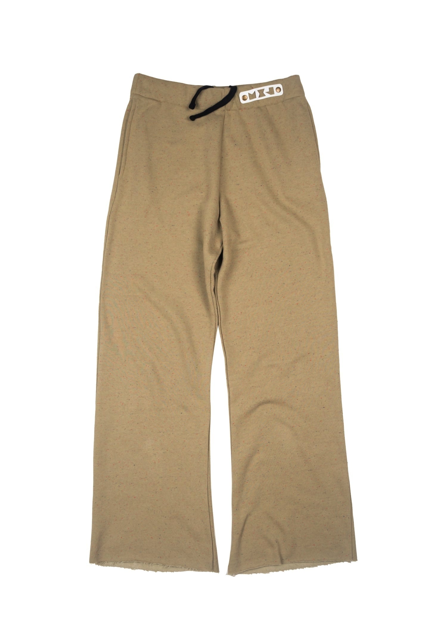 Beige pants with a brand label on a white background